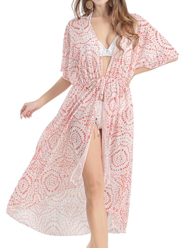 SPFASZEIV Damen Strandkleid Lang Sommer Strand Kimono Vorne Offen Bikini Cover Up mit Kordelzug Badeanzug Cardigan Orange Tupfen Klein von SPFASZEIV