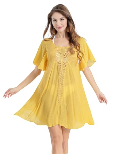 SPFASZEIV Damen Bikini Cover Up Strandkleider Sommer Häkel Chiffon Bademode Strandponcho Gelb Klein von SPFASZEIV