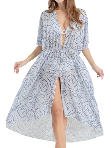 SPFASZEIV Damen Strandkleid Lang Sommer Strand Kimono Vorne Offen Bikini Cover Up mit Kordelzug Badeanzug Cardigan Blau Tupfen Mitte SPFASZEIV Damen Strandkleid Lang Sommer Strand Kimono Vorne Offen Bikini Cover Up mit Kordelzug Badeanzug Cardigan Blau Tupfen Mitte von SPFASZEIV