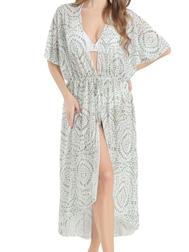 SPFASZEIV Damen Strandkleid Lang Sommer Strand Kimono Vorne Offen Bikini Cover Up mit Kordelzug Badeanzug Cardigan Grün Tupfen Groß SPFASZEIV Damen Strandkleid Lang Sommer Strand Kimono Vorne Offen Bikini Cover Up mit Kordelzug Badeanzug Cardigan Grün Tupfen Groß von SPFASZEIV