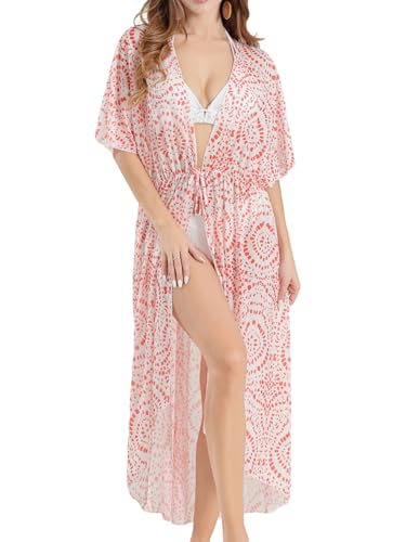 Strand Kimono Lang Strandkleid Damen Sommer Cover Up Vorne Offen Bikini überwurf mit Kordelzug Orange Tupfen Groß von SPFASZEIV
