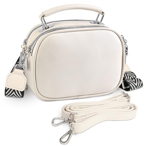 SPFASZEIV Handtasche Damen Beige Klein Umhängetasche mit 2 Abnehmbaren Riemen Mittelgroß Leder Crossbody Tasche mit Henkel von SPFASZEIV