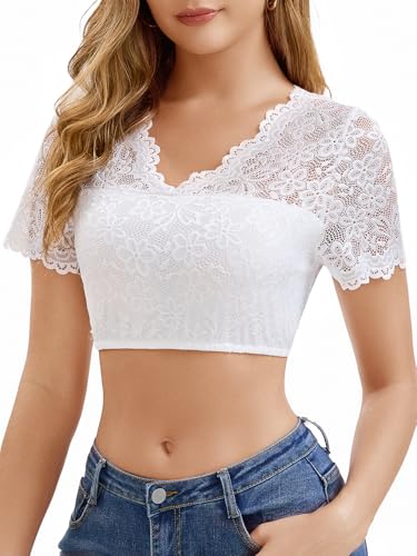 Dirndl Bluse Damen V-Ausschnitt Trachtenbluse Kurzarm Gefütterte Vorderseite Oktoberfest Dirndlbluse Spitze Weiß Dirndlblusen Rückenhöhlung L von SPFASZEIV