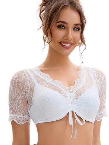 Dirndl Bluse Damen Spitze Kurzarm Weiß Dirndlbluse mit Schnürung Hohl Transparent Trachtenbluse Oktoberfest Dirndlblusen S von SPFASZEIV