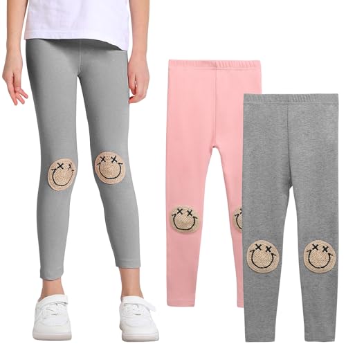 SPFASZEIV Mädchen Leggings Kleinkind Hosen mit Lächeln Gesichts Muster Kinder in voller Länge 2er-Pack 1–2 Jahre (Rosa + Grau) von SPFASZEIV