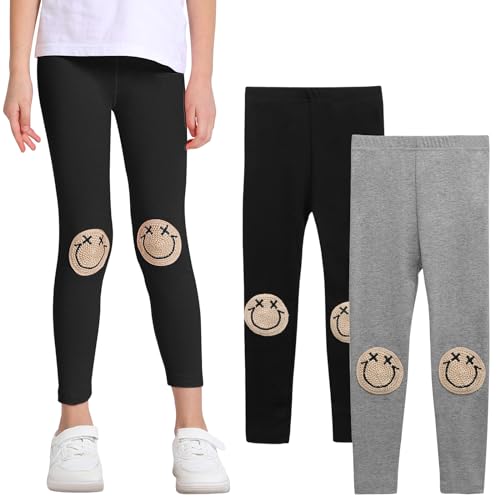 SPFASZEIV Mädchen Leggings Kleinkind Hosen mit Lächeln Gesichts Muster Kinder in voller Länge 2er-Pack 2–3 Jahre (Schwarz + Grau) von SPFASZEIV