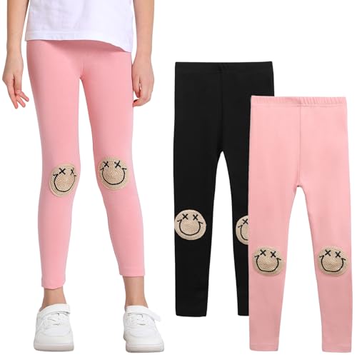 SPFASZEIV Mädchen Leggings Kleinkind Hosen mit Lächeln Gesichts Muster Kinder in voller Länge 2er-Pack 5–6 Jahre (Schwarz + Rosa) von SPFASZEIV