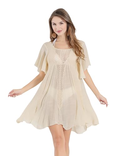 SPFASZEIV Damen Bikini Cover Up Strandkleider Sommer Häkel Chiffon Bademode Strandponcho Cremefarben Groß von SPFASZEIV