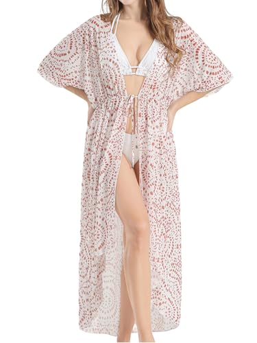 Strand Kimono Lang Strandkleid Damen Sommer Cover Up Vorne Offen Bikini überwurf mit Kordelzug Braun Tupfen Klein von SPFASZEIV