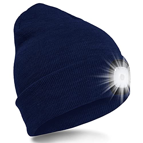 SPGOOD LED Beanie Beleuchtete Mütze mit Licht Laufmütze Herren Damen Kappe Lampe USB Nachladbare Mütze Winter Warm Stirnlampe mit LED Licht für Jogger,Camping,Laufen (Marine) von SPGOOD