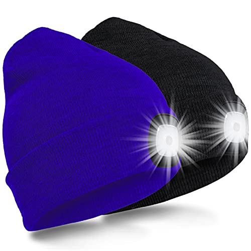 SPGOOD LED Beanie Beleuchtete Mütze mit Licht Laufmütze Herren Damen Kappe Lampe USB Nachladbare Mütze Winter Warm Stirnlampe mit LED Licht für Jogger,Camping,Laufen (Schwarz&Blau) von SPGOOD
