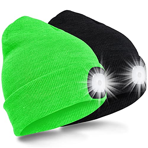 SPGOOD LED Beanie Beleuchtete Mütze mit Licht Laufmütze Herren Damen Kappe Lampe USB Nachladbare Mütze Winter Warm Stirnlampe mit LED Licht für Jogger,Camping,Laufen (Schwarz&Fluoreszierendes Grün) von SPGOOD