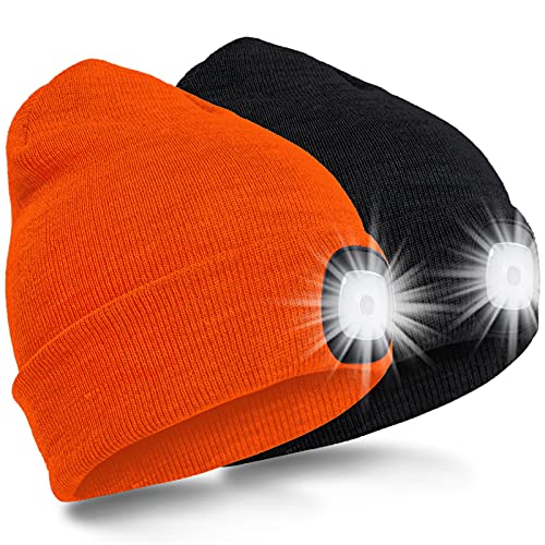 SPGOOD LED Beanie Beleuchtete Mütze mit Licht Laufmütze Herren Damen Kappe Lampe USB Nachladbare Mütze Winter Warm Stirnlampe mit LED Licht für Jogger,Camping,Laufen (Schwarz&Fluoreszierendes Orange) von SPGOOD