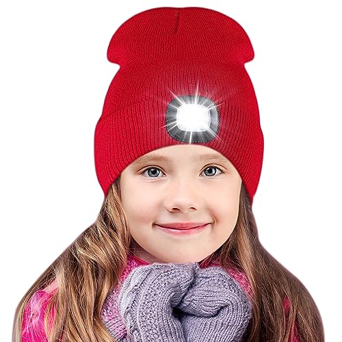 SPGOOD Mütze mit Led Licht Kinder,Led Mütze für Jungen und Mädchen,USB Wiederaufladbare LED Beleuchtete Beanie Mütze mit Licht,Winter Wärmer Haube mit LED Licht für Weihnachten Geschenke(Rot) von SPGOOD