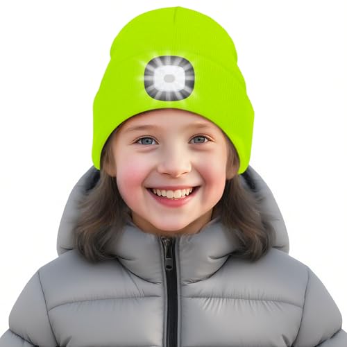 SPGOOD Wiederaufladbare mütze mit LED licht für Kinder, für Jungen und Mädchen, abnehmbare und waschbare warme beleuchtete mütze mit Lampe für den Winter im Freien(Fluoreszierendes Gelb) von SPGOOD