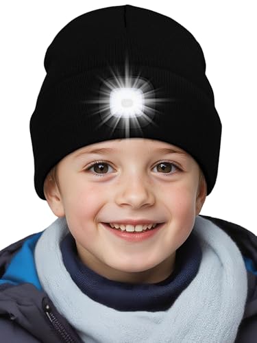 SPGOOD Wiederaufladbare mütze mit LED licht für Kinder, für Jungen und Mädchen, abnehmbare und waschbare warme beleuchtete mütze mit Lampe für den Winter im Freien(Schwarz) von SPGOOD