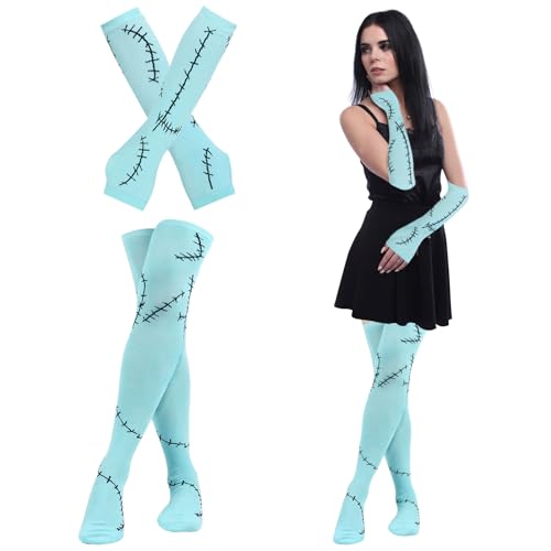 SPHERETRON Halloween Kostüm Zubehör Set Halloween Narben Arm Ärmel Und Oberschenkel Hohe Strümpfe Socken Overknees Strümpfe Damenhandschuhe Armlinge Kostümstrümpfe（Blau von SPHERETRON