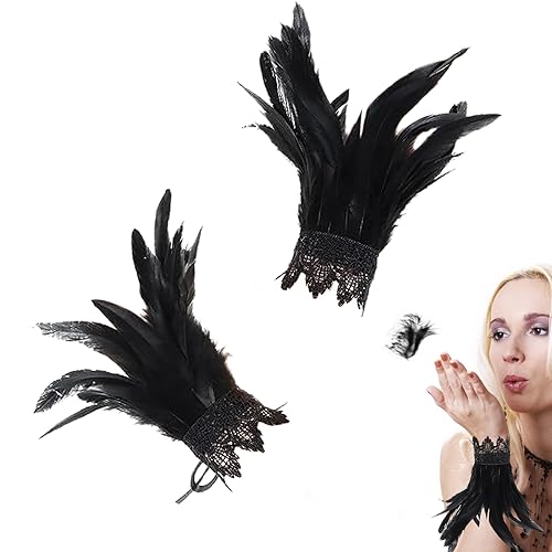 SPHERETRON Schwarze Federn Kostüm Feder Manschetten Gothic Schwarze Handschuhe Kostüm Feder Handschuhe Federn Schwarz Feder Manschetten Hand für Faschingsball Cosplay Party von SPHERETRON