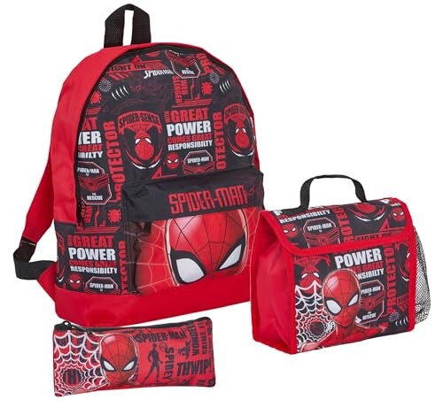 Spiderman Rucksack + Lunchtasche + Federmäppchen Jungen 3-teiliges Marvel Schulranzen-Set, rot, Mehrere, Rucksack von SPIDER-MAN