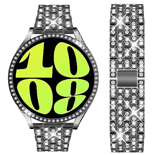 SPINYE Armband kompatibel mit Samsung Galaxy Watch 6 40 mm/44 mm/6 Classic 43 mm/47 mm, Bling Diamonds Metallarmband mit PC-Protactive Gehäuseabdeckung, Ersatz für Damen und Herren (47 mm, Schwarz) von SPINYE
