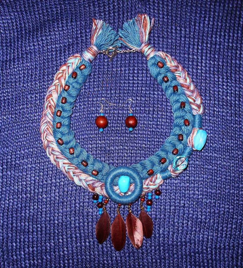 Schmuckset Geflochtene Halskette Mit Ohrringe "Blue Winter", Native Style, Handgemachter Geflochtene Zopf Halskette, Ethnic Style. Unikat von SPIRITOFGAIAJEWELRY