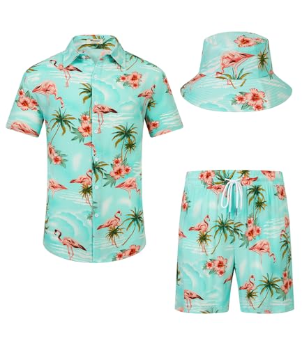 SPKPKEY Hawaii-Hemd und Shorts für Herren 2-teilig, Lässig Button-Down-Shirts Sommer Strand Outfits mit Hüten (Hellgrüner Flamingo, L) von SPKPKEY