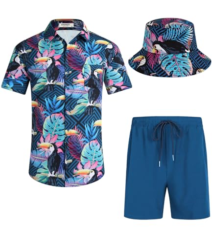 SPKPKEY Hawaiihemd Funky Blume Vogel Strand Casual Kurzarm Sommer Hemd und Shorts Set mit Bucket Hut Marine X-Large von SPKPKEY