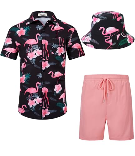 SPKPKEY Herren Blumen Hawaii Set Casual Knopfhemd Strand Shorts Outfit mit Bucket Hüten Schwarz/Rosa Flamingo XX-Large von SPKPKEY