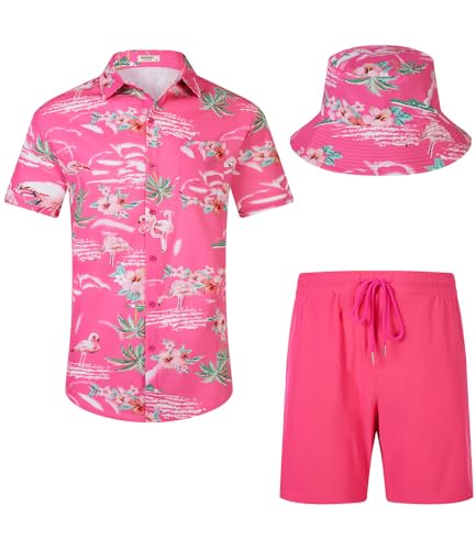 SPKPKEY Herren Hawaiihemd und Shorts Set 2-teiliges Outfit Bedruckt Casual Knopfhemd Hawaii Anzug mit Bucket Hut Rosarot X-Large von SPKPKEY