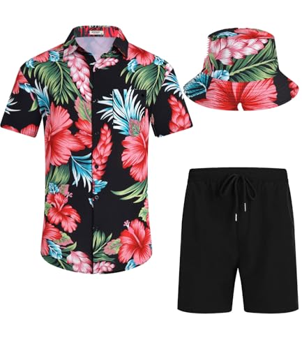 SPKPKEY Herren Hawaiihemd und Shorts Set Tropisches Blumenmuster 2-teiliges Outfit mit Bucket Hüten Schwarz & Rote Blume Large von SPKPKEY