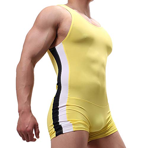 Herren Bodysuit Sport Fitnessstudio Athletic Supporters Unterhemden Boxer Wrestling Singlets Jumpsuits Leotard, gelb, Large von SPNSSTCR