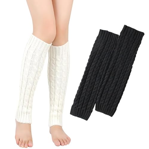 SPOKKI 2 Paar Damen Langer Beinwärmer Frauen Winter Crochet Stricken, Gestrickt Leg Warmers, Kniestrümpfe Strümpfe Knöchelwärmer für Ballett Fitness Yoga Frauen und Mädchen (Weiß+Schwarz) von SPOKKI