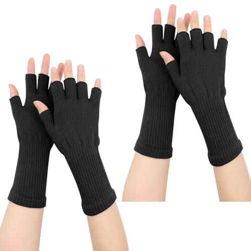SPOKKI 2 Paar Fingerlose Handschuhe Damen, Gestrickte Halbfingerhandschuhe Fäustlinge Warmer Handschuh für Innen- Und Außenaktivitäten (Schwarz) von SPOKKI