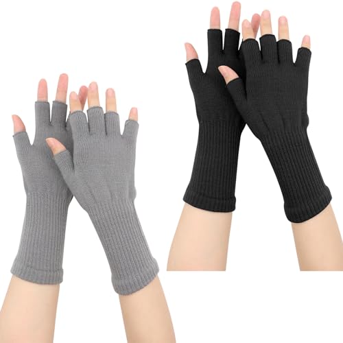 SPOKKI 2 Paar Fingerlose Handschuhe Damen, Gestrickte Halbfingerhandschuhe Fäustlinge Warmer Handschuh für Innen- Und Außenaktivitäten (Schwarz+Grau) von SPOKKI