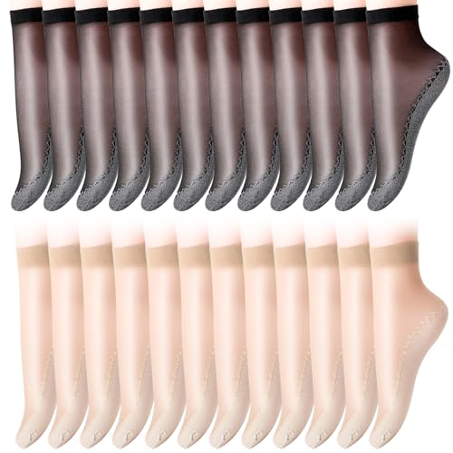 SPOKKI 24 Paar Damen Söckchen Feinstrumpfsöckchen Für Frau, KnöchelSocken, Fleischfarbene Socken,Schwarze Pop-Socken,Nylonstrümpfe Damen von SPOKKI