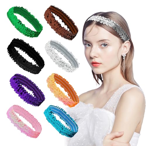 SPOKKI 8 Stück Pailletten Stirnband Elastisch Haarbänder Glitzer Stirnbänder Verstellbare Haarband Glitzerndes Kopfbedeckung für Frauen und Mädchen Party Deko (8-Farbsatz 1) von SPOKKI