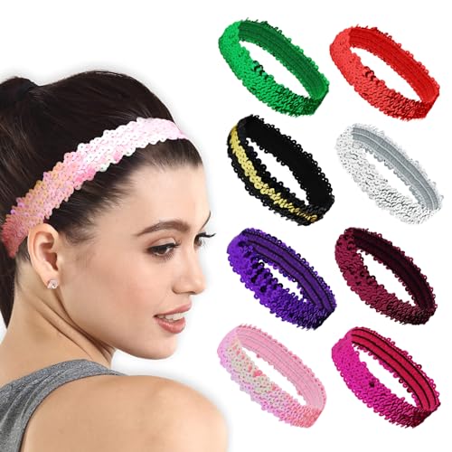 SPOKKI 8 Stück Pailletten Stirnband Elastisch Haarbänder Glitzer Stirnbänder Verstellbare Haarband Glitzerndes Kopfbedeckung für Frauen und Mädchen Party Deko (8-Farbsatz 2) von SPOKKI