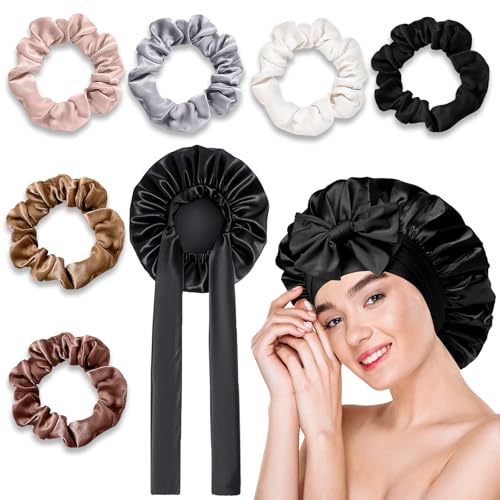 SPOKKI Seidenhaube Zum Schlafen, Satin Haarhaube für Damen 6 Seide Haargummis Haarhaube für Die Nacht Satin Bonnet Schlafhaube Seide Verstellbare Silk Bonnet Sleep Cap Bonet für Damen und Mädchen von SPOKKI