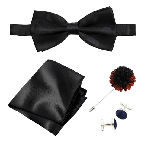 SPOKKI Verstellbar Fliege, Fliege Herren mit Einstecktuch und Manschettenknöpfe Sets, Formale Klassische Vorgebundene Fliege, Einstellbar Flieg für Hochzeit Party (Schwarz) von SPOKKI