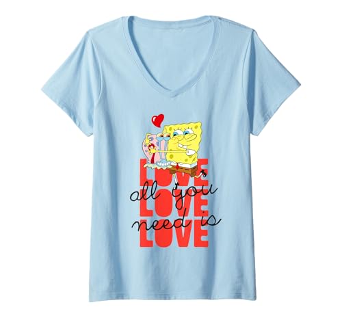 Damen Sponge Bob - Schwammkopf All You Need is Love schwarz T-Shirt mit V-Ausschnitt von SPONGEBOB SQUAREPANTS
