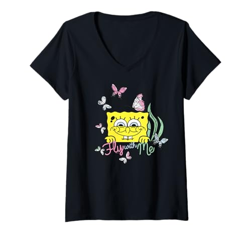 Damen Sponge Bob - Schwammkopf Butterfly Fly with Me T-Shirt mit V-Ausschnitt von SPONGEBOB SQUAREPANTS