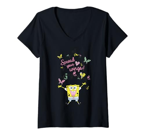 Damen Sponge Bob - Schwammkopf Butterfly Spread Your Wings T-Shirt mit V-Ausschnitt von SPONGEBOB SQUAREPANTS