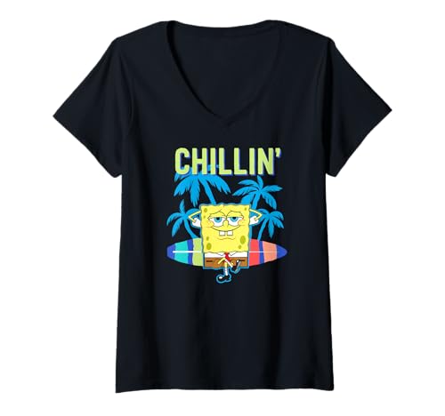 Damen Sponge Bob - Schwammkopf Chillin' Surfboard T-Shirt mit V-Ausschnitt von SPONGEBOB SQUAREPANTS
