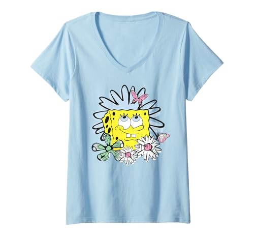 Damen Sponge Bob - Schwammkopf Flowery T-Shirt mit V-Ausschnitt von SPONGEBOB SQUAREPANTS