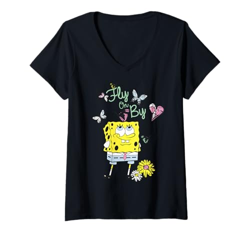 Damen Sponge Bob - Schwammkopf Fly On by Schmetterlinge T-Shirt mit V-Ausschnitt von SPONGEBOB SQUAREPANTS