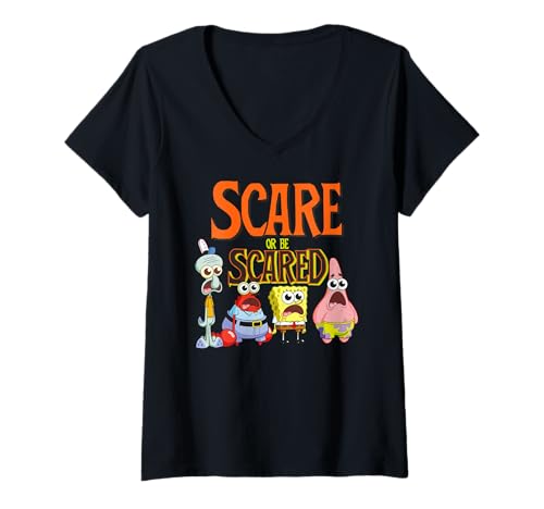 Damen Sponge Bob - Schwammkopf Halloween Scare of Scared T-Shirt mit V-Ausschnitt von SPONGEBOB SQUAREPANTS