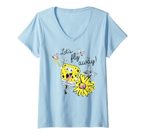 Damen Sponge Bob - Schwammkopf Let's Fly Away T-Shirt mit V-Ausschnitt von SPONGEBOB SQUAREPANTS