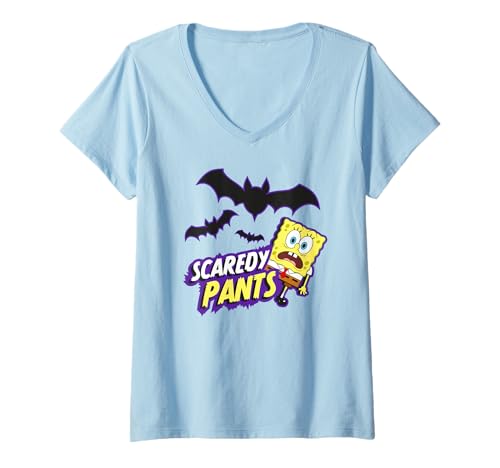 Damen Sponge Bob - Schwammkopf Scaredy Pants Halloween Fledermaus T-Shirt mit V-Ausschnitt von SPONGEBOB SQUAREPANTS