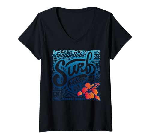Damen Sponge Bob - Schwammkopf Surf Shop T-Shirt mit V-Ausschnitt von SPONGEBOB SQUAREPANTS