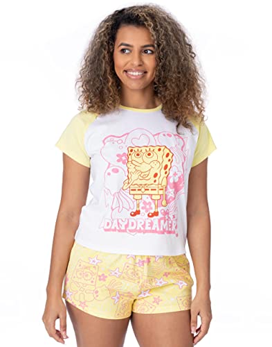 SpongeBob Squarepants Damen Pyjama | Damen Daydreamer Charakter Koralle Weiß Raglan T-Shirt elastische gelbe Shorts | TV-Serien Filme Merchandise von SpongeBob Squarepants